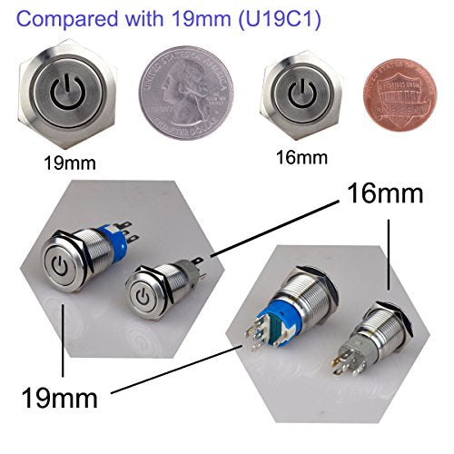 Latching Push Button Switch U16F5 1NO1NC SPDT ON/Off Silver Stainless Steel Shell with Blue Power Symbol LED Suitable for 16mm 5/8" Mounting Hole (Blue) - color: Silver with Blue LED