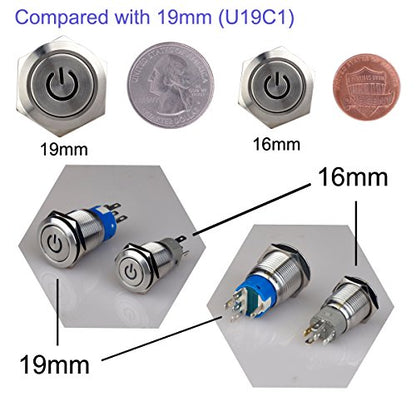 Latching Push Button Switch U16F5 1NO1NC SPDT ON/Off Silver Stainless Steel Shell with Blue Power Symbol LED Suitable for 16mm 5/8" Mounting Hole (Blue) - color: Silver with Blue LED