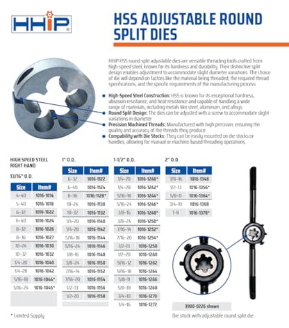 HHIP 1016-1368 3/4-10 X 2" OD Adjustable Round Split Die