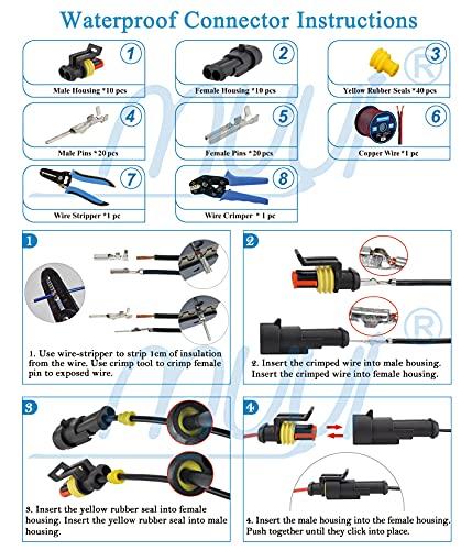 MUYI 10 Kits 2 Pin Way Electrical Connectors for 20-16 AWG Wire Cable 10A - style: 2pin connector(10 sets)