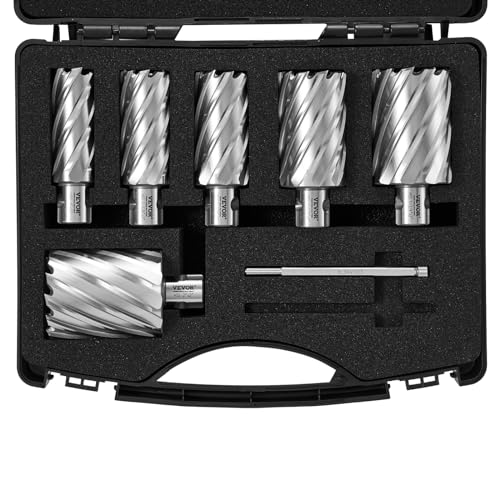 VEVOR Annular Cutter Set, 6 pcs Universal Shank Mag Drill Bits, 2" Cutting Depth, 1" to 2" Cutting Diameter, M2AL High-Speed Steel, with 2 Pilot Pins and Portable Case, for Using with Magnetic Drills - size: 1" - 2" * 2"(Universal)