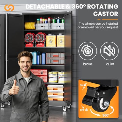 71" Tall Wheeled Garage Storage Cabinet, Rolling Metal Tool Cabinets. - color: Black, size: 71"H x 32"W x 16"D-Y