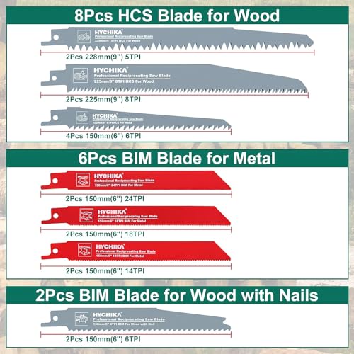 HYCHIKA 16 Pieces Reciprocating Saw Blades, Durable Saw Blades with Organizer Case Perfect for Pruning, Wood Cutting or Metal Cutting
