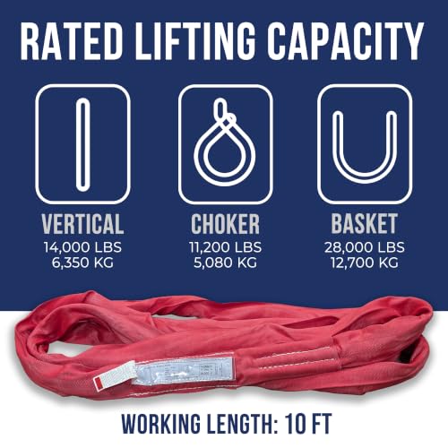 Ben-Mor Heavy-Duty Round Lifting Sling,10 ft 14,000 lb - color: Red - 14,000 lb Vertical WLL, size: 10 feet