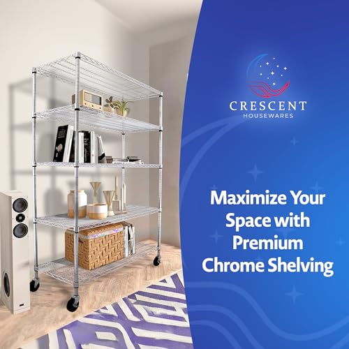 4000 LBS Heavy Duty Wire Rack, 48 x 24 x 76, 5-Tier NSF Commercial Rolling Rack with 4" Industrial Casters, Chrome Metal Wire Shelving for Garage, Kitchen, Adjustable Storage Shelf, Crescent