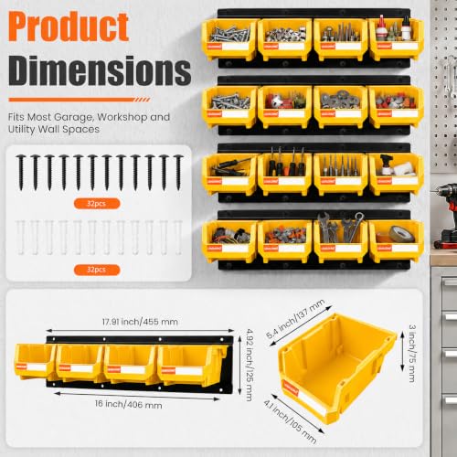 16pc Wall-Mounted Storage Organizer Set with Metal Rails Yellow - color: Yellow, size: V1-16Bins&4Rails