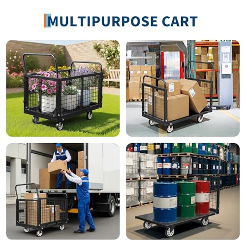 Heavy Duty Platform Truck Cart with Cage, 39" x 24" Hand Moving Cart 2000 Lbs Capacity, Multi-Functional Folding Cage Cart with Basket for Warehouse, Luggage Moving, Black - color: Black