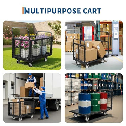 Heavy Duty Platform Truck Cart with Cage, 39" x 24" Hand Moving Cart 2000 Lbs Capacity, Multi-Functional Folding Cage Cart with Basket for Warehouse, Luggage Moving, Black - color: Black