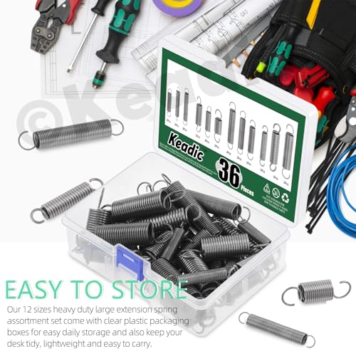 Keadic 36Pcs 12 Sizes Heavy Duty Large Extension Spring Assortment Set, Zinc Plated Wire-Metal Mechanical Springs with Hook Ends for Home Repairs