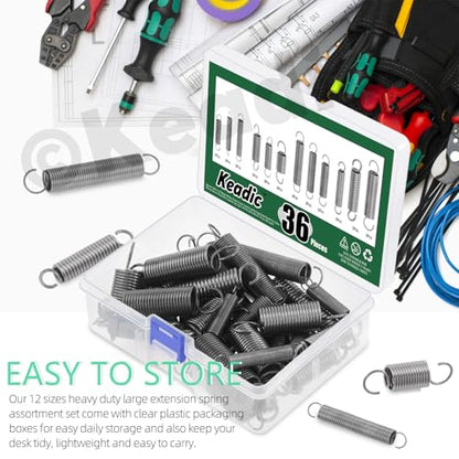 Keadic 36Pcs 12 Sizes Heavy Duty Large Extension Spring Assortment Set, Zinc Plated Wire-Metal Mechanical Springs with Hook Ends for Home Repairs