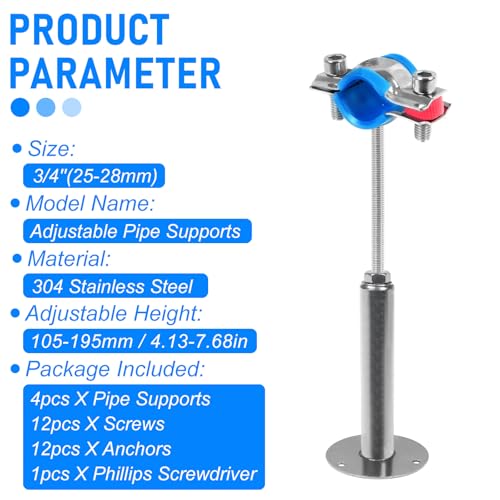4PCS 304 Stainless Steel Wall Mount Ceiling Mount Pipe Supports,Suitable for OD Pipe 3/4"(25-28mm),Adjustable Height 100-200mm,Adjustable Pipe Strap Clamp with Screws - color: Adjustable Height 100-200mm, style: 4pcs 3/4"(25-28mm)
