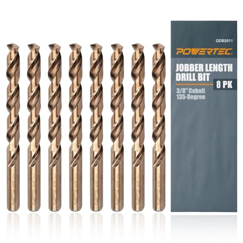 POWERTEC 3/8" Cobalt Drill Bits - 8 Pack - 5" Length - M35 HSS Jobber Length Twist Bits with 135° Tip for Drilling Wood, Metal, Stainless Steel, Nickel Alloy, Cast Iron & Plastic (QDB2011-P2) - style: 8PK 3/8" Cobalt Drill Bit (5" Length)
