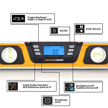 MOTORHEAD 16-Inch 0° - 180° SMART DIGITAL Level, LCD Screen, Audible Alerts, Water, Dust & Shock Resistant, Magnetic Bottom, Includes Bag, High-Visibility, Solid-Milled Aluminum, USA-Based Support - size: 16"