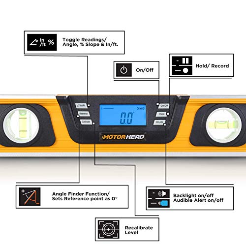MOTORHEAD 16-Inch 0° - 180° SMART DIGITAL Level, LCD Screen, Audible Alerts, Water, Dust & Shock Resistant, Magnetic Bottom, Includes Bag, High-Visibility, Solid-Milled Aluminum, USA-Based Support - size: 16"