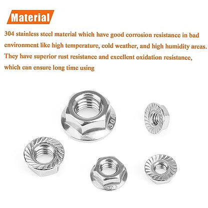 HELIFOUNER 50 Pieces 5/16”-18 Flange Nuts, Serrated Flange Hex Lock Nuts Assortment Kit, 304 Stainless Steel (18-8), Bright Finish, Coarse Thread - size: 5/16"-18