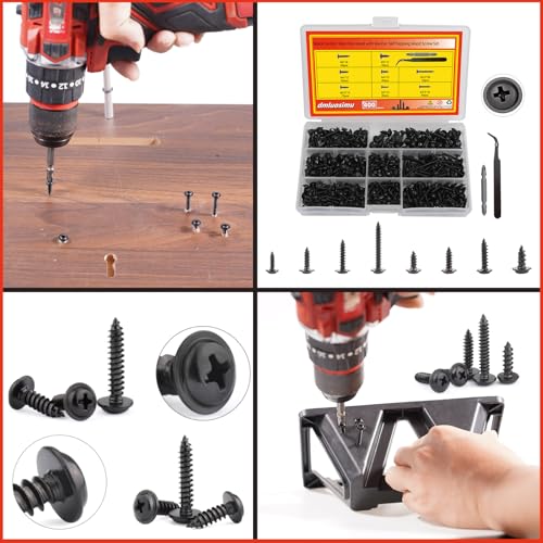 400pcs Black Carbon Steel Self Tapping Screws Assortment Kit - M3 M3.5 M4 M5 Pan Head Screws with Washers, Hex Keys & Tweezers for Wood Metal Plastic DIY Projects