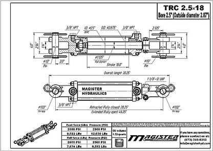Double Acting Hydraulic Cylinder - AG Tie-Rod Hydraulic Cylinder 2500 PSI Agriculture Standard 2.5" bore 18" Stroke (2.5x18) - size: 18" Stroke, style: 2.5" Bore