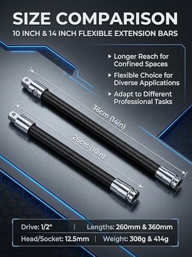 1/2 flexible shaft extension extender torque socket wrench ratchet drive bar bendable spring steel flex reach tool long connecting rod electric impact drill adapter set for Hard to Reach(10in) - color: 10in