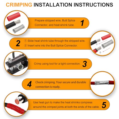 SVAAR 24-18 Gauge Flared Barrel Butt Splice Connectors Kit 100PCS 24-18 AWG Non-Insulated Butt Connectors Tinned Copper Flared Compression Butt Splices Crimp Butt Terminals+100PCS 3:1 Heat Shrinks - color: Tinned Copper