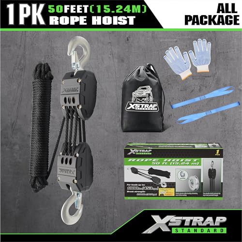 XSTRAP STANDARD Heavy-Duty 50 FT Rope Hoist Pulley System w/Metal Bearing - color: 50ft Black Upgraded