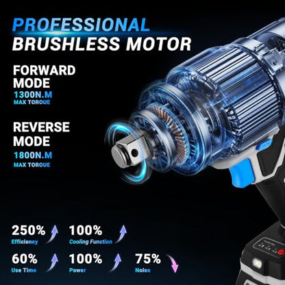 DEKOPRO Cordless Impact Wrench 20V 3/4" High Torque Power Electric Impact Gun with 5 Sockets 2 Batteries, 1300Ft-lbs(1800N.m) for Vehicle Assembly, Equipment Maintenance, Building Construction