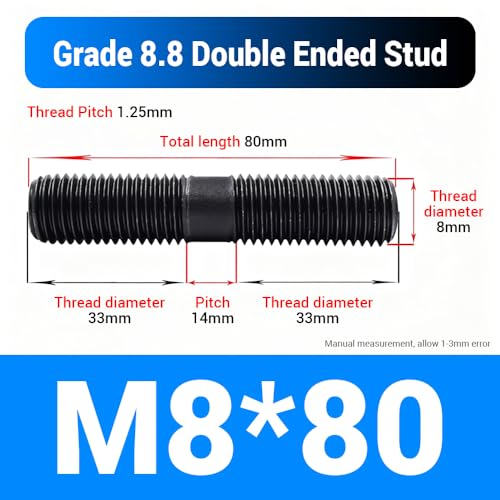 45pcs M8*80mm Double End Threaded Stud, Grade 8.8 Carbon Steel Black Oxide Finish Equal Long Threaded Rod Bar for Furniture Industrial Maintenance Connection Fasteners - size: M8*80-45PCS