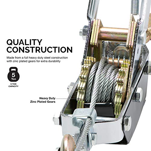 NEIKO 02256A Come Along Winch, 5-Ton (10,000 Lbs) Pulling Capacity, 10Ft, 3 Hook, Heavy Duty Power Cable Come Along Tool with Dual Gears, Hand Winch Cable, Automotive Hoist Winch Puller, Recovery Gear - size: 5 Ton