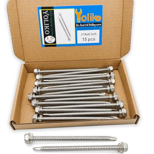 #14 x4 (1" to 4-7/8" Available) Hex Washer Head Self Drilling Screws, 410 Stainless Steel, Self Tapping Sheet Metal Tek Screws, 15 PCS - size: 15 Pcs #14 x4"