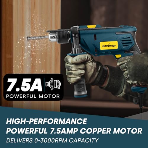 Enventor Hammer Drill with 9 Bits, Variable Speed, 900W, 1/2 in Chuck, Blue