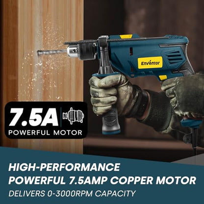 Enventor Hammer Drill with 9 Bits, Variable Speed, 900W, 1/2 in Chuck, Blue