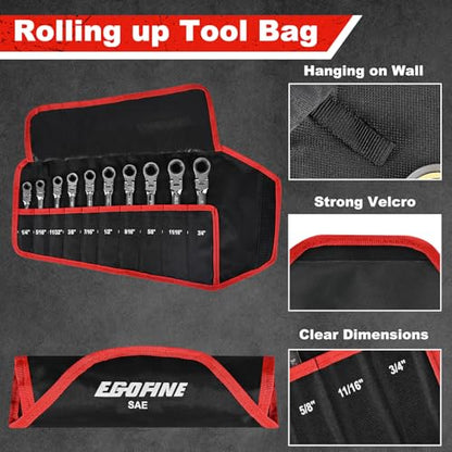 Egofine Flex Head Ratcheting Wrench Set 10 Piece, SAE Wrench Set, CR-V Steel 1/4" to 3/4" Wrench, 72-Teeth Combination wrench set, Chrome plated Ratchet Wrenches Set with Tool Roll Bag - style: SAE-10 piece set