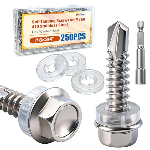 weideer 250pcs ＃8×3/4" Self Tapping Screws for Metal,410 Stainless Steel,Metal Screws Self Tapping, Hex Washer Head Quick Tapping Self Drilling Sheet Metal Screw with Washer K-157-W-19mm - size: SV 250PCS ＃8×3/4"