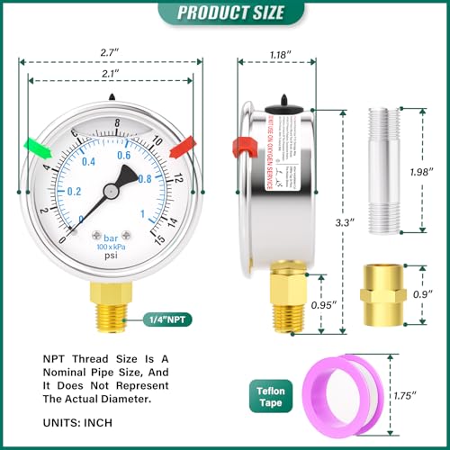 0-15PSI Heater Heavy Liquid Filled Pressure Gauge Kit, 2.5" Stainless Steel Dial Size, 1/4" NPT Lower Mount, for Low Pressure Portable Oil Fired Heaters (with Range Mark Pointer) - size: 0-15PSI
