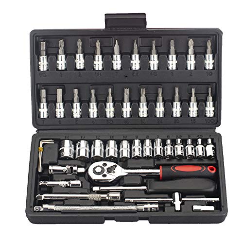 FLZOSPER 46-Piece 1/4-inch Screwdriver Drive Socket & Bit Set Combination with Reversible Ratchet Wrench Tools Kit for Auto Repairing & Household with Storage Case (Dark Grey Box) - color: Chrome