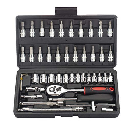 FLZOSPER 46-Piece 1/4-inch Screwdriver Drive Socket & Bit Set Combination with Reversible Ratchet Wrench Tools Kit for Auto Repairing & Household with Storage Case (Dark Grey Box) - color: Chrome