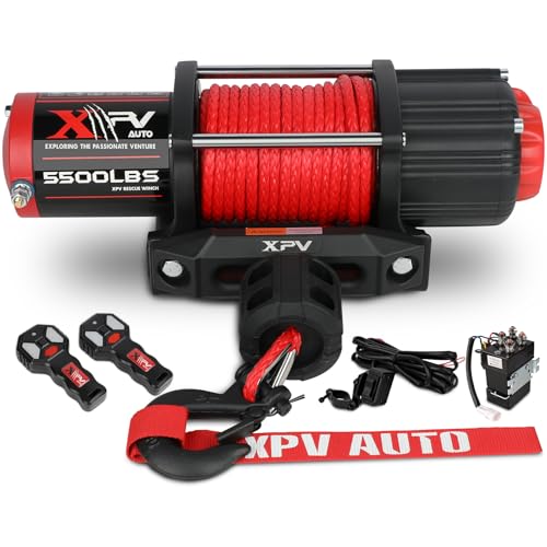 XPV AUTO 5500 lb. Winch Electric Winch Synthetic Rope 12V for ATV UTV Wireless Remote Towing Winches Waterproof for Off Road Trailer Boat - color: Black, size: 5500lb. synthetic rope winch