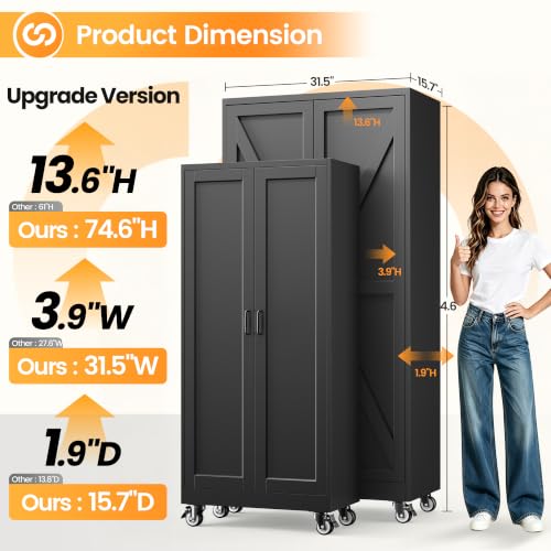 75" Tall Wheeled Garage Storage Cabinet, Rolling Metal Tool Cabinets. - color: Black, size: 75"H x 32"W x 16"D-A