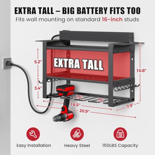 Power Tool Organizer Wall Mount, 8-Outlet Charging Station, 4 Drill Holders - size: 16.5" Width 3-Tier