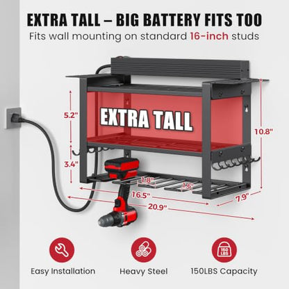 Power Tool Organizer Wall Mount, 8-Outlet Charging Station, 4 Drill Holders - size: 16.5" Width 3-Tier