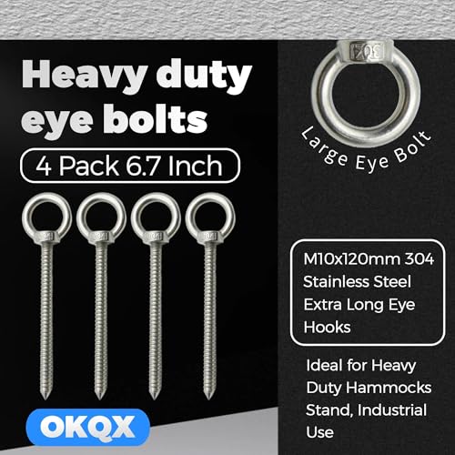 4 Pack 6.7 Inch Heavy Duty Eye Bolts - M10x120mm 304 Stainless Steel Extra Long Eye Hooks, Large Eye Bolt for Secure Load Transfer, Ideal for Heavy Duty Hammocks Stand, Industrial Use