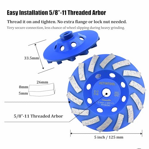 5 in.x5/8-11 in. Plate 14 Segments Turbo Shape Diamond Grinding Cup Wheel for Concrete and Stone (5 Inch 5/8"-11 Threaded) - style: 5 Inch 5/8"-11 Threaded