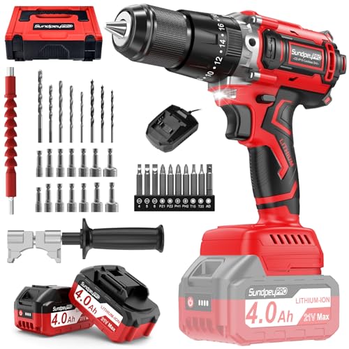 1060In·lbs 21V Brushless Cordless Power Hammer Drill Driver Set - color: Red