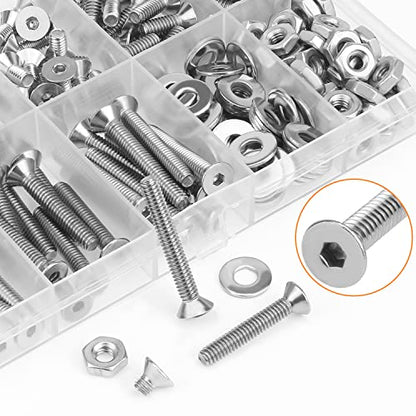 HELIFOUNER 210 Pieces #8-32 x 1/4" 5/16" 3/8" 1/2" 5/8" 3/4" 1" 1-1/4", Countersunk Head Socket Cap Screws Bolts Washers Nuts Kit, Coarse Thread, Fully Machine Threaded, 304 Stainless Steel - size: #8-32, style: Countersunk Head