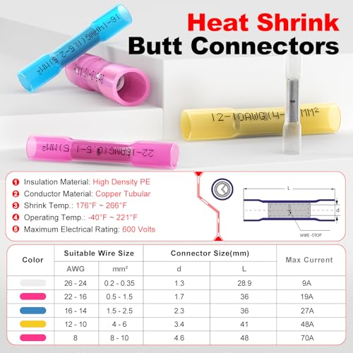 16,14 AWG Heat Shrink Butt Connectors Marine Blue Crimp Splice Waterproof - size: 16-14AWG 100pcs