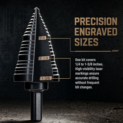 M2 HSS Step Drill Bit, 1/4"-1-3/8" Unibit, 118° Split Point