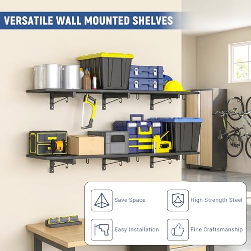 2 Pack Garage Wall Shelf, Heavy Duty Garage Shelving, 46"X 12.5" Wall Mounted Floating Shelves, Metal Hanging Storage Rack with 8 Hooks, Utility Organizer Max Load 320 LBS for Laundry Room, Workshop - size: B-2 PACK