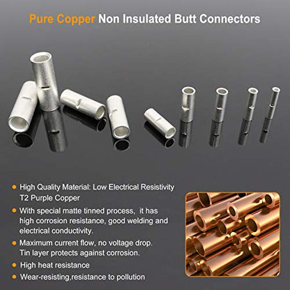 SVAAR 100PCS 22-16 Gauge Non Insulated Butt Connectors 22-16 AWG Uninsulated Butt Splice Connectors Crimp Repair Butt Splices Kit Tinned Copper Marine Grade Seamless Barrel Crimp Butt Splice Terminals - color: Tinned Copper