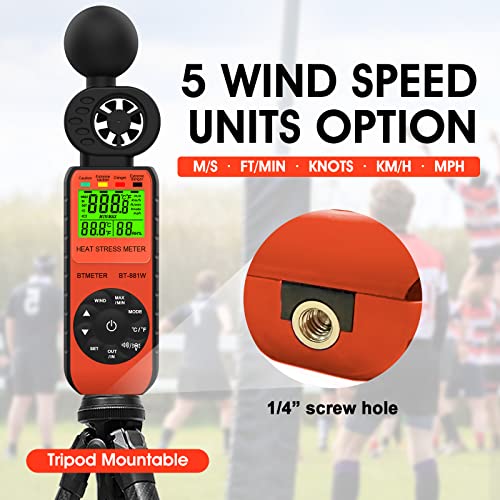 BTMETER BT-881W Heat Stress Meter Anemometer, Digital Indoor/Outdoor WBGT (Wet Bulb Globe Temperature) Meter with Wind Speed, Ambient Temp, Humidity Tester - color: Orange