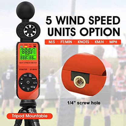 BTMETER BT-881W Heat Stress Meter Anemometer, Digital Indoor/Outdoor WBGT (Wet Bulb Globe Temperature) Meter with Wind Speed, Ambient Temp, Humidity Tester - color: Orange