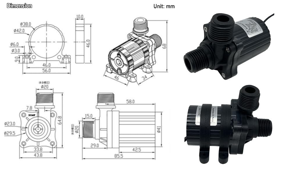 SHYSKY DC40F-1240 Micro Brushless DC Water Pump 12V 14W, 206GPH 13ft, Waterproof, 1/2 inch threaded ports, Safe Low Noise Stable Long-term Work, Submersible or Land Use, For Small cooling, gardening